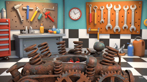 Taller mecánico con herramientas y motor en funcionamiento